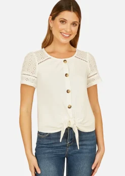 Yumi White Jersey Button Detail T Shirt With Broderie Anglaise Sleeves & Tie Front
