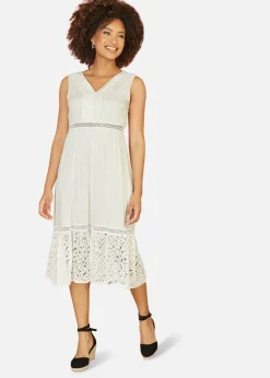 Yumi White Lace And Dobby Cotton Midi Dress