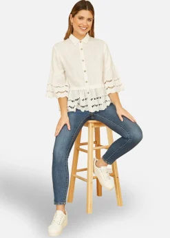 Yumi White Linen Relaxed Shirt With Scallop Trims