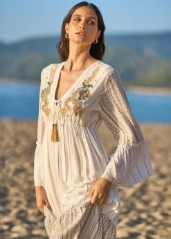 Yumi White Metallic Embellished Maxi Dress With Long Sleeves