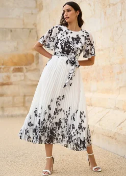 Yumi White Mirror Floral Design Pleated Midi Dress