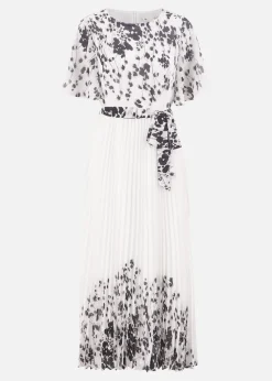 Yumi White Mirror Floral Design Pleated Midi Dress