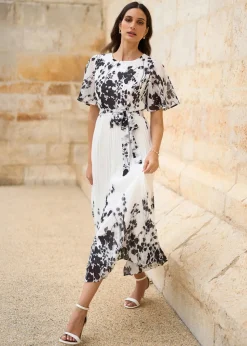 Yumi White Mirror Floral Design Pleated Midi Dress