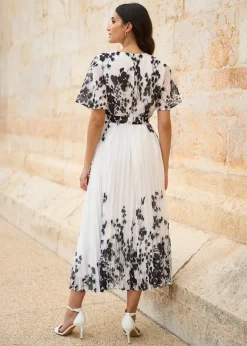 Yumi White Mirror Floral Design Pleated Midi Dress