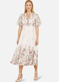 Yumi White Mirrored Floral Button Up Midi Dress With Ruched Waist