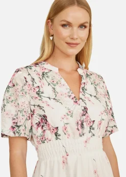 Yumi White Mirrored Floral Button Up Midi Dress With Ruched Waist