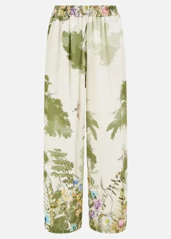 Yumi White Palm Print Wide Leg Trousers