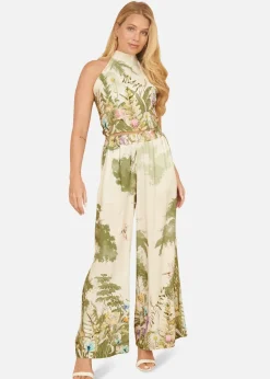 Yumi White Palm Print Wide Leg Trousers