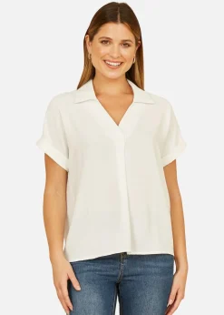 Yumi White Stretch Relaxed Top With Collar