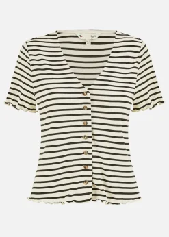 Yumi White Striped Cotton Jersey Lettuce Trim T-Shirt