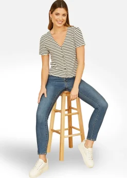 Yumi White Striped Cotton Jersey Lettuce Trim T-Shirt