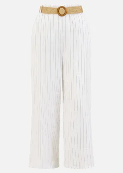Yumi White Striped Italian Linen Wide Leg Trousers With Belt