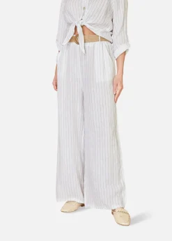 Yumi White Striped Italian Linen Wide Leg Trousers With Belt